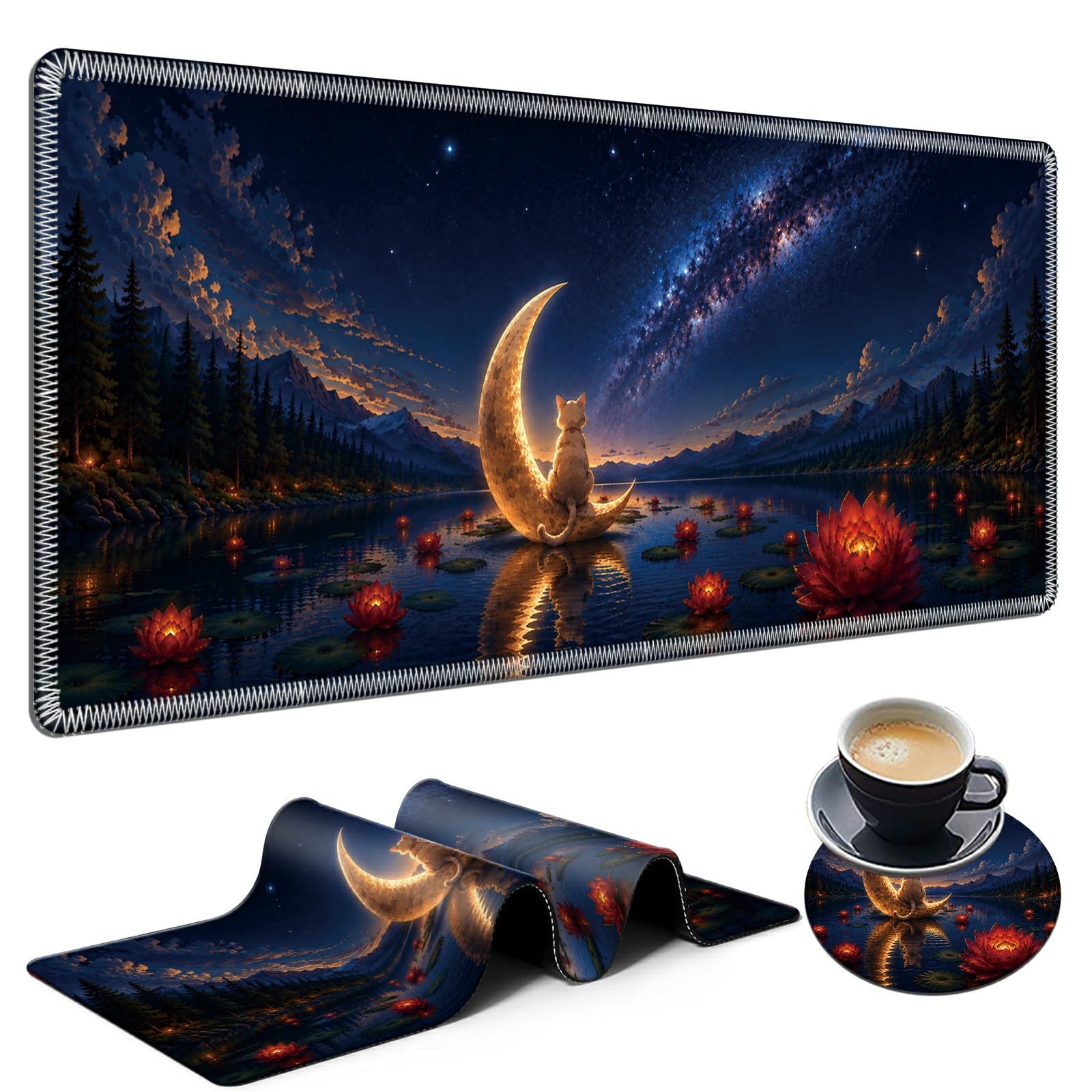 Lotus Moon Cat Large Mouse Pad, 31.5 x 11.8 in Extended Desk Mat