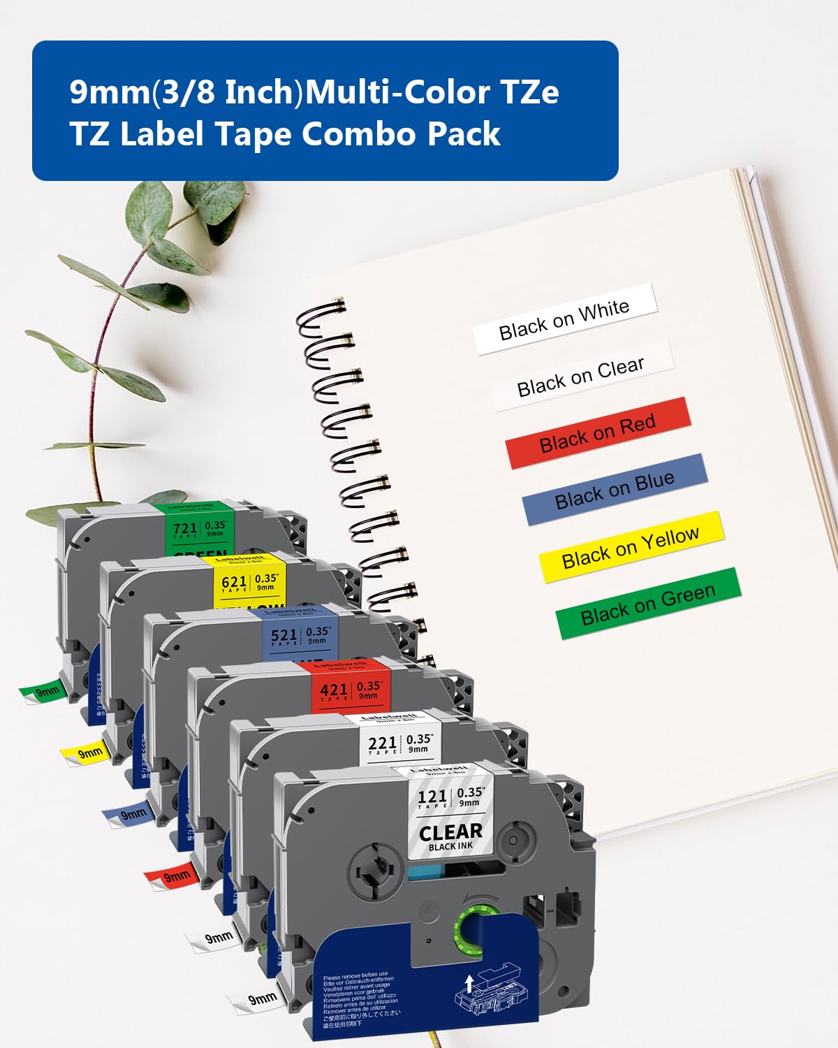 6-Pack TZe-221 TZ Tape 9mm 0.35 Inch Laminated Multi Color