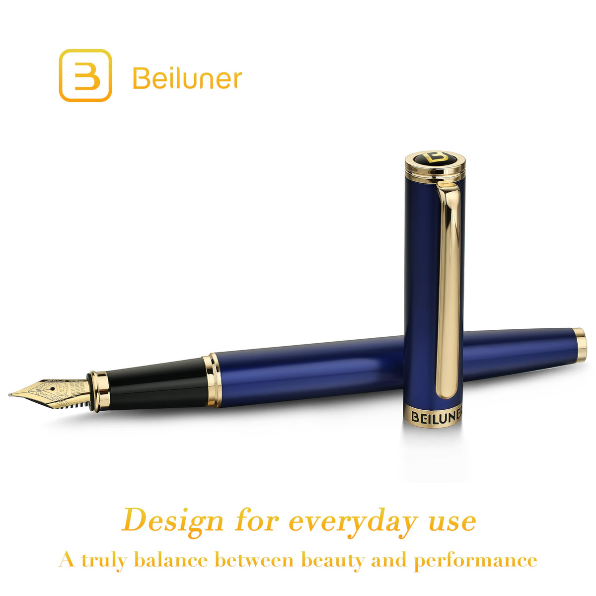 BEILUNER Blue Fountain Pen,Stunning Luxury Pens with 24K Gold Accents, Gorgeous 24K Gilded