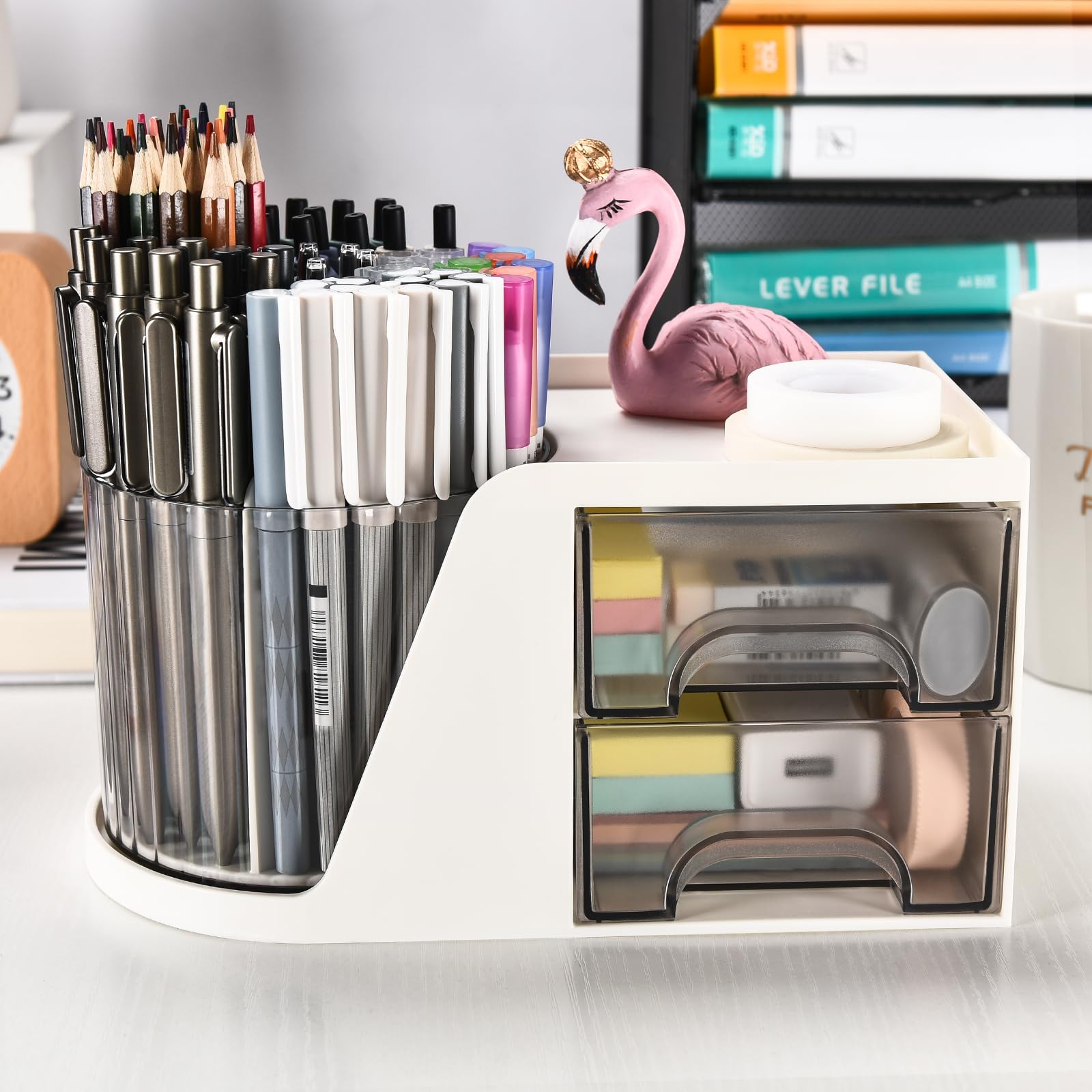GGIANTGO Rotating Desk Organizer with 2 Drawer, Pencil Pen Holder for Desk, Desk Organizers and