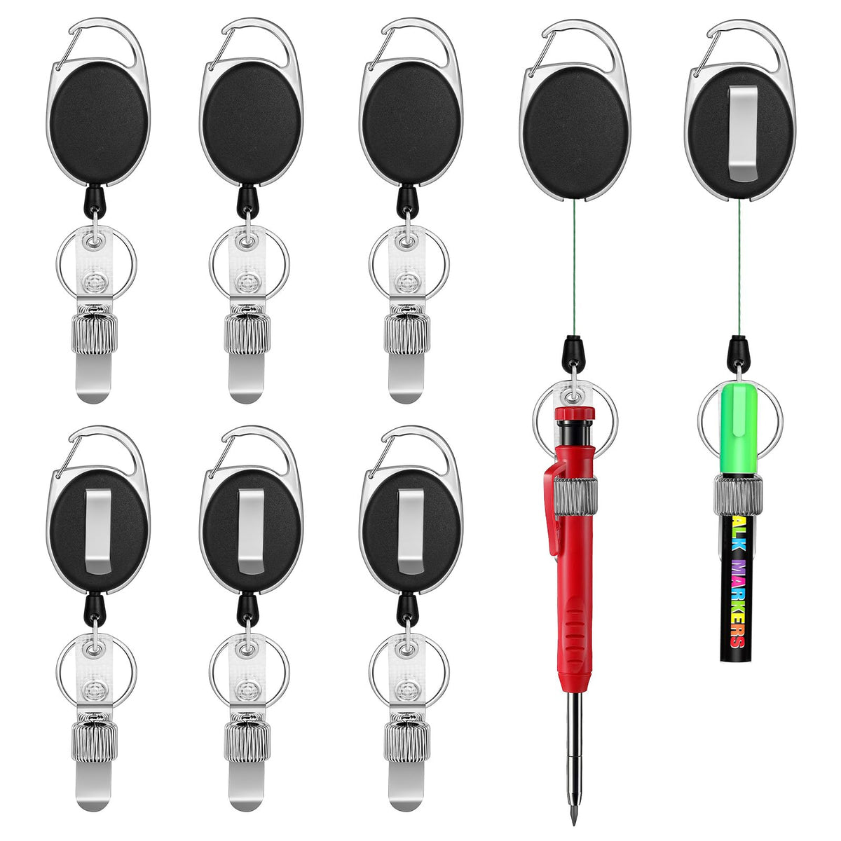 8 Pack Retractable Pen Holder with 32 in Dyneema Cord and Metal Pen Clip