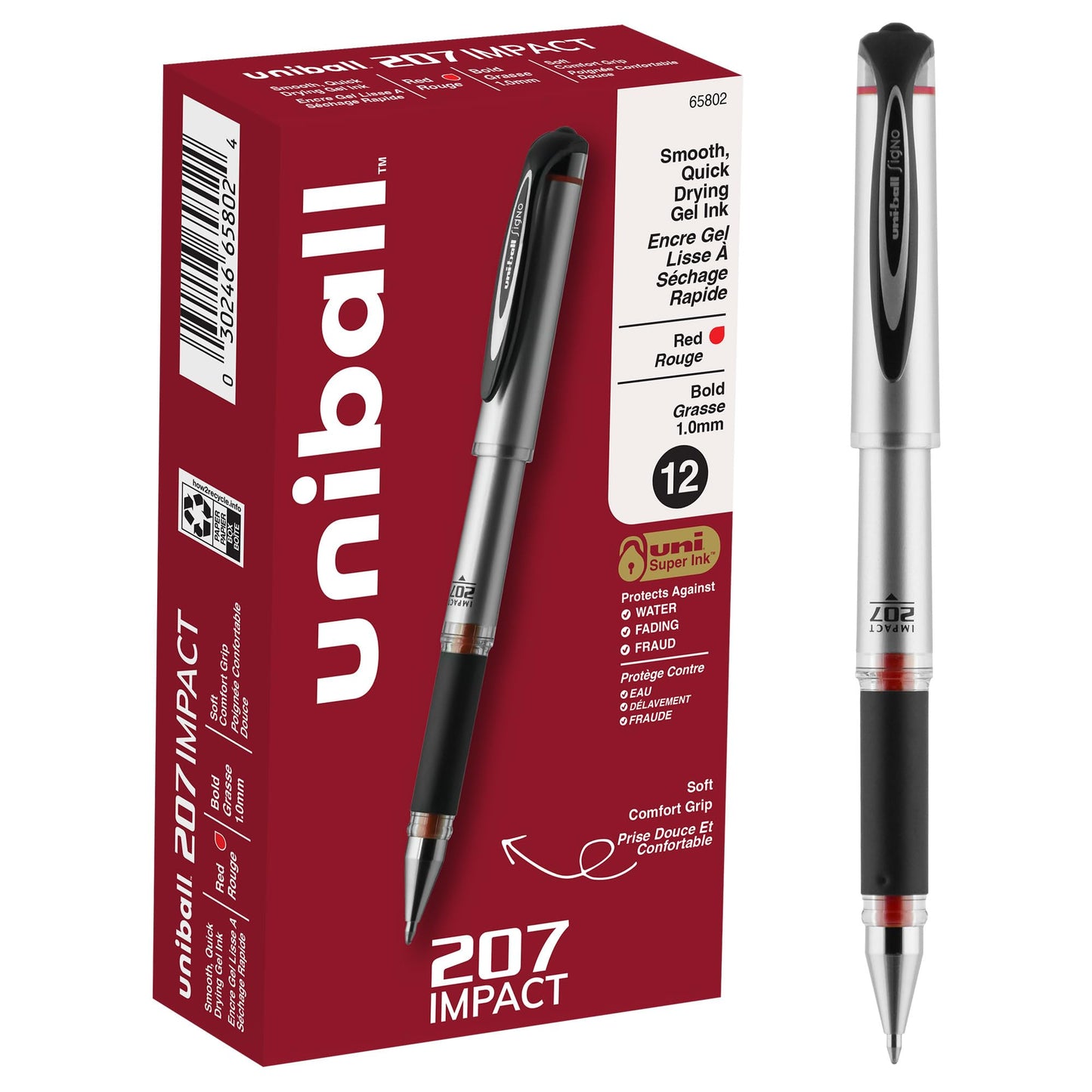 uniball™ 207 Impact Gel Pens, Bold Point (1.0mm), Red, 12 Pack