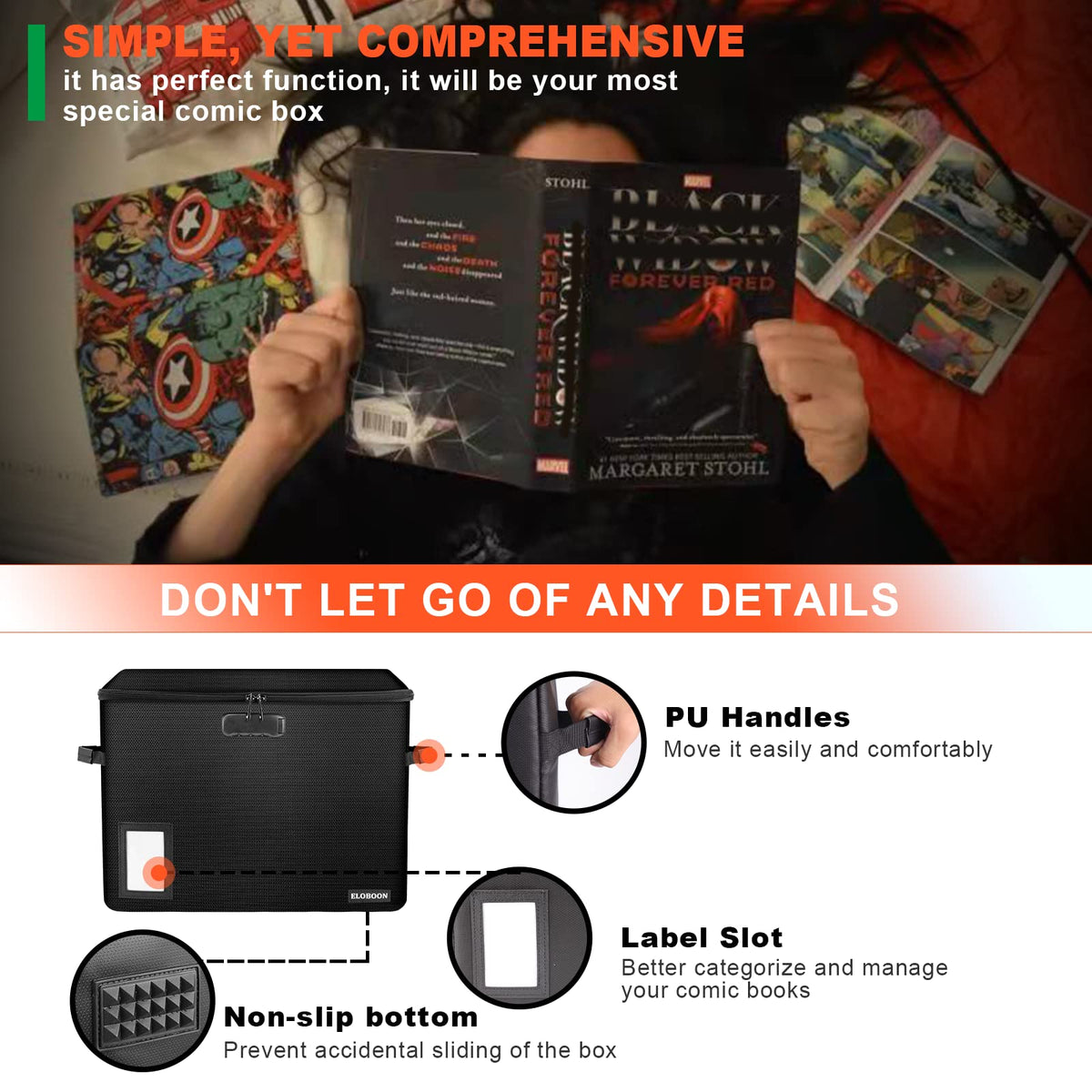 ELOBOON Comic Book Storage Box with Lock, Fireproof Comic Book Organizer
