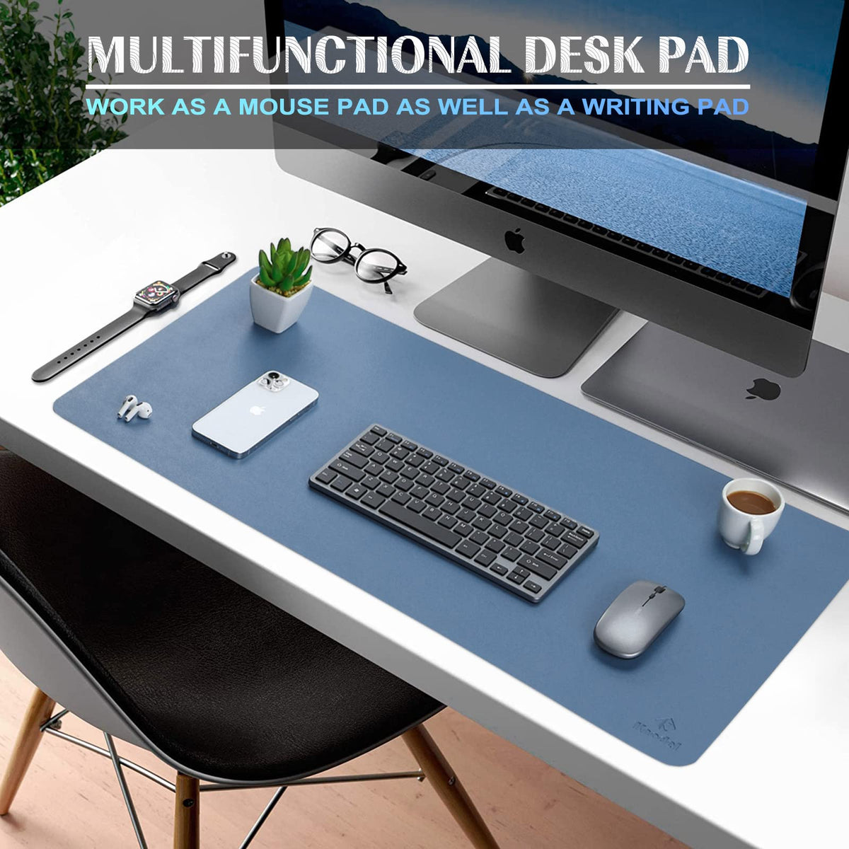 K KNODEL Extra Large Desk Mat, Leather Mouse Pad (35.4"x17", Lake Blue)