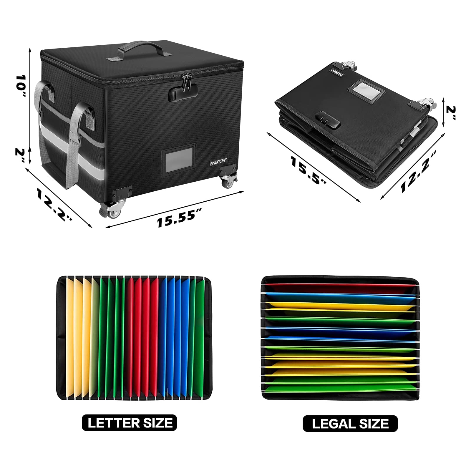 ENGPOW Fireproof Document Box with Wheels, Collapsible File Box with Lock, Rolling File Storage