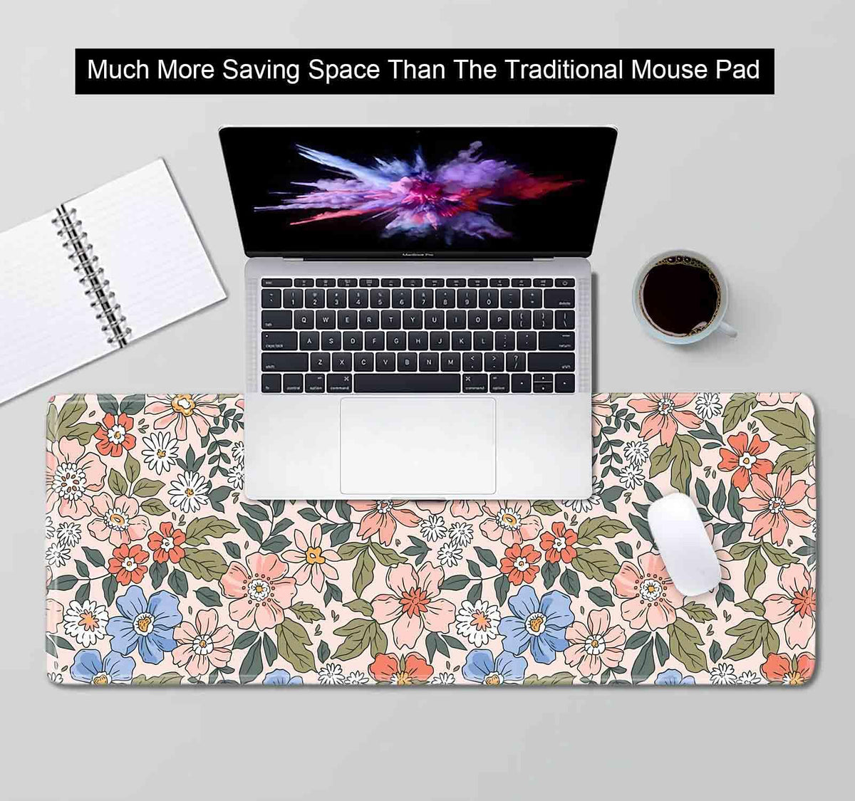 SXCKANG Pink Blue Floral Desk Mat Cute, XL Green Leaf Flowers Extended Mousepad, Non-Slip Rubber