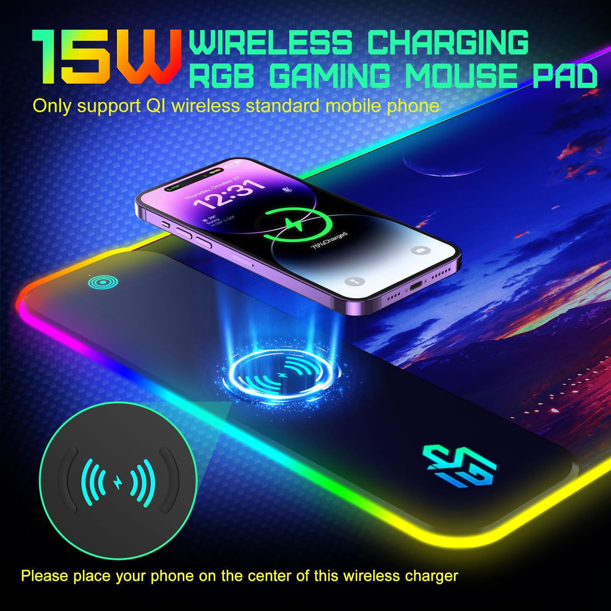 GIM Wireless Charging RGB Gaming Mouse Pad 15W, LED Mouse Mat 800x300x4MM, 10 Light Modes Extra