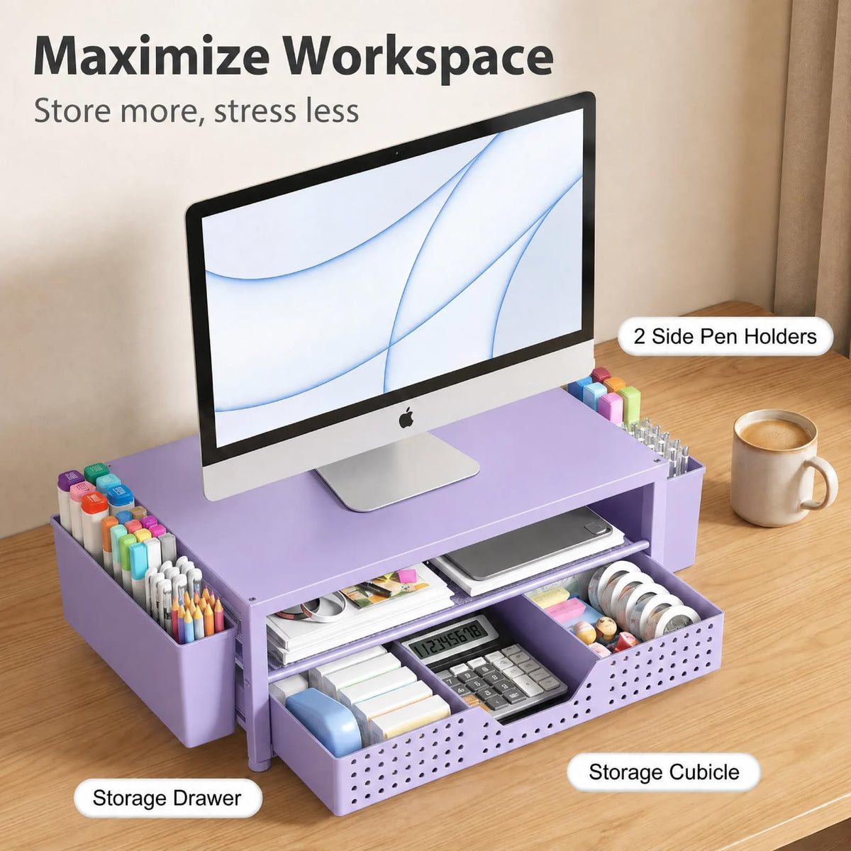 ECOLOVI Desk Organizer and Accessories, 2-Tier Computer Monitor Stand Rise with Storage Drawer & 2