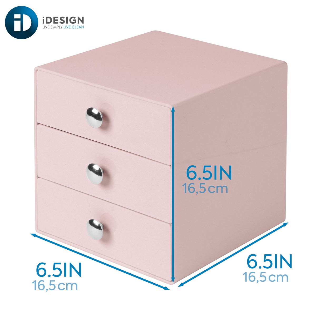 iDesign Plastic 3-Drawer Jewelry Box, Pink, 6.5" x 6.5" x 6.5"
