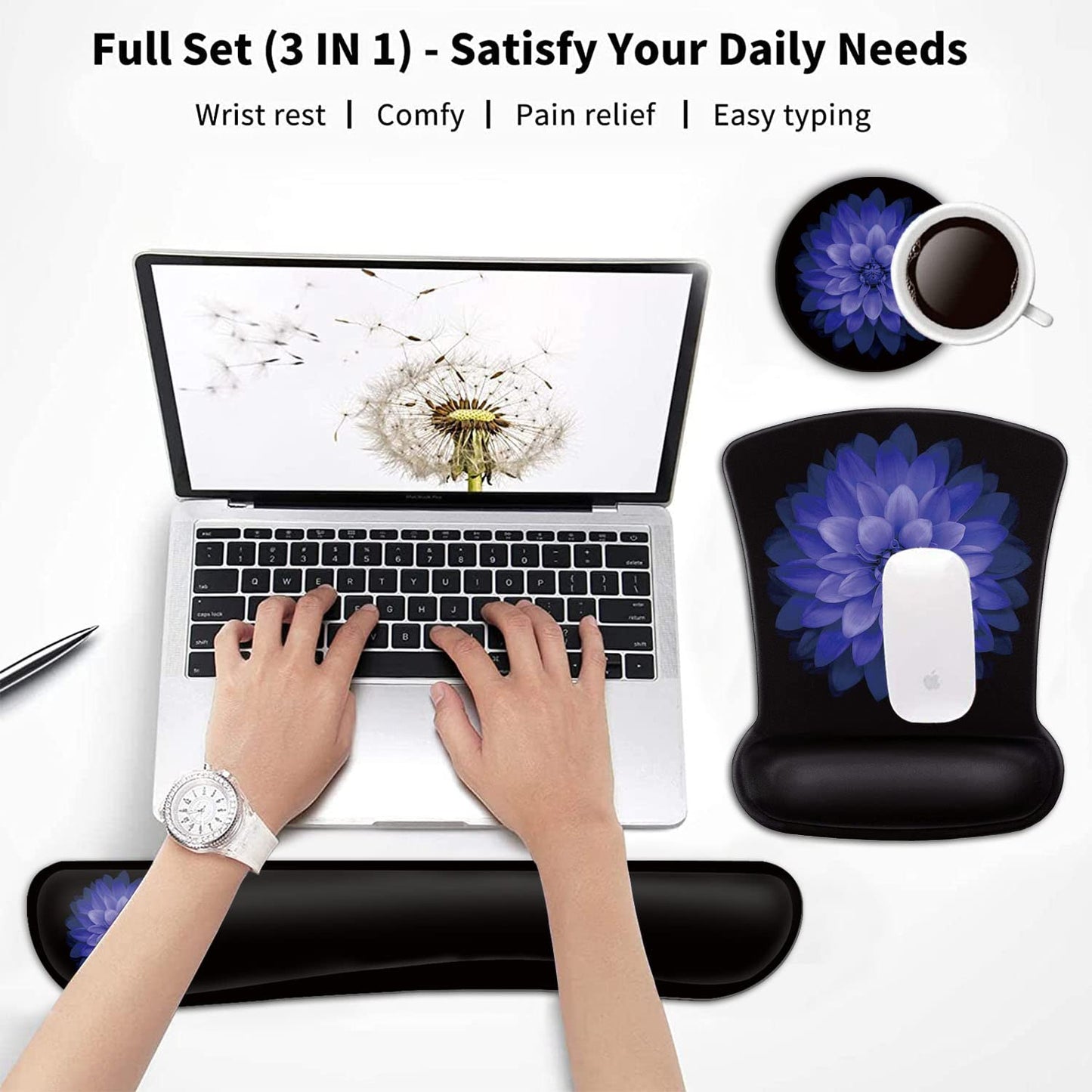 Keyboard Wrist Rest and Mouse Pad Wrist Support Set,Purple Flowers Ergonomic Gel Mouse Pad,Easy