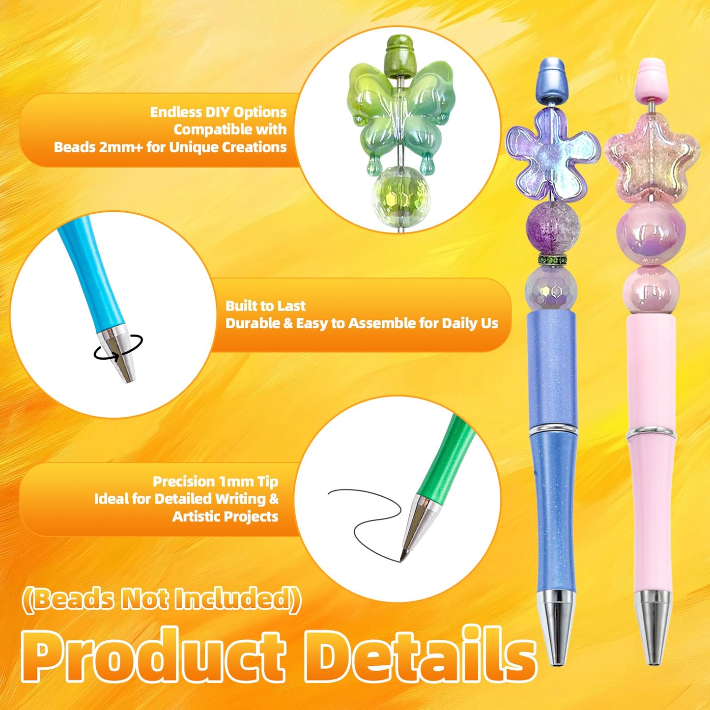 Aolipuyet 210 Pieces DIY Beadable Pen Bulk Kit – 70PCS Ballpoint Pen with Refills & Bags – Beads