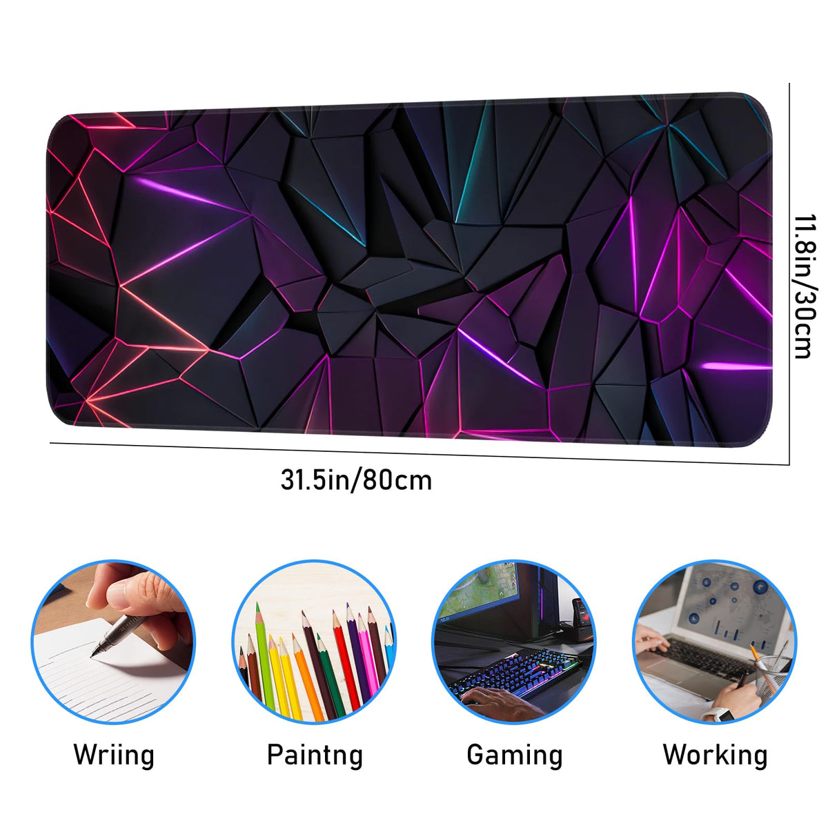 Stylish Geometric Design Gaming Mouse pad, Non-Slip Rubber Base, Stitched Edges, 31.5x11.8 inch