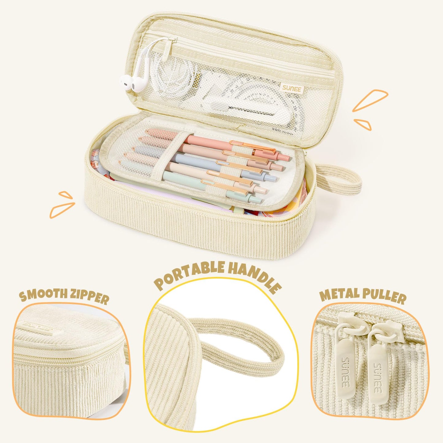 SUNEE Cute Pencil Case, Soft Corduroy Large Capacity Pencil Pouch, Aesthetic Zipper Pencil Bag, Big
