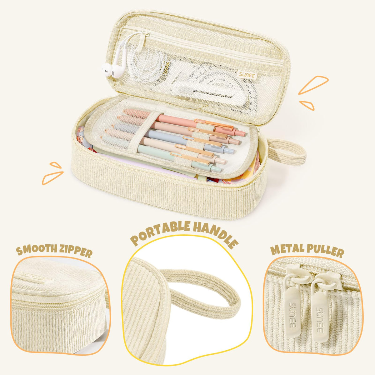 SUNEE Cute Pencil Case, Soft Corduroy Large Capacity Pencil Pouch, Aesthetic Zipper Pencil Bag, Big