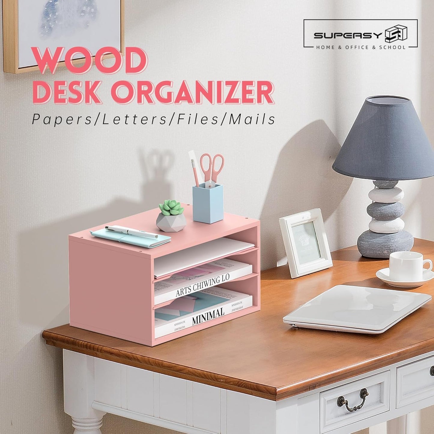 3 Tier Wood Desk Organizer, Mail Sorter and Paper Organizer for Desk, Pink