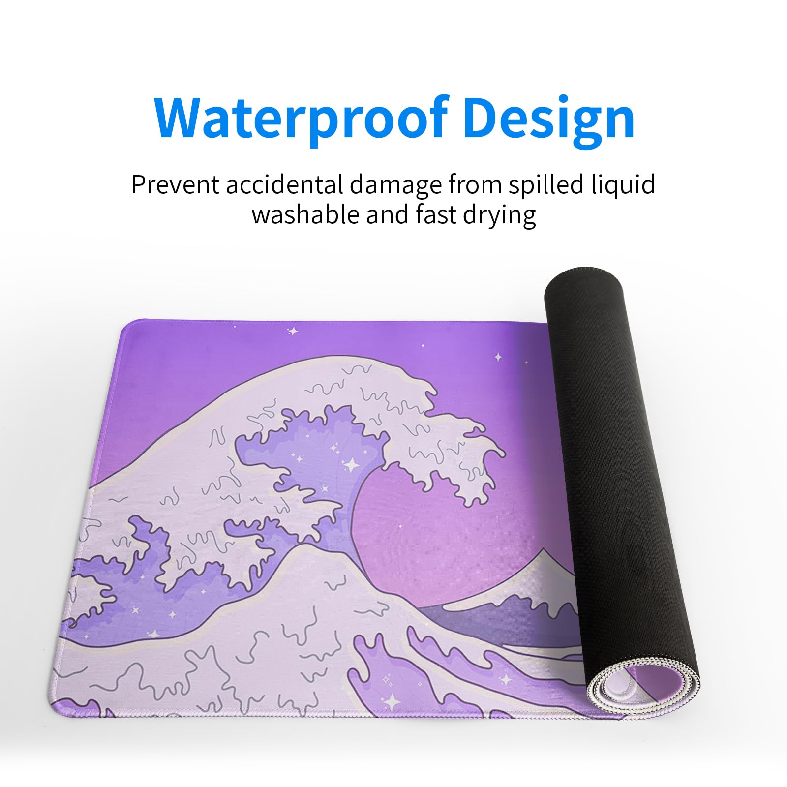Purple Japanese Sea Wave Gaming Mouse Pad - Large Desk Mat with Non-Slip Base and Stitched Edge for
