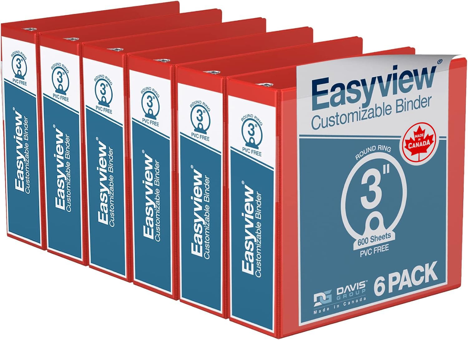 Easyview 3-Ring Binder, Clear-View Cover, 3" Round Rings, Red, 6 Pack