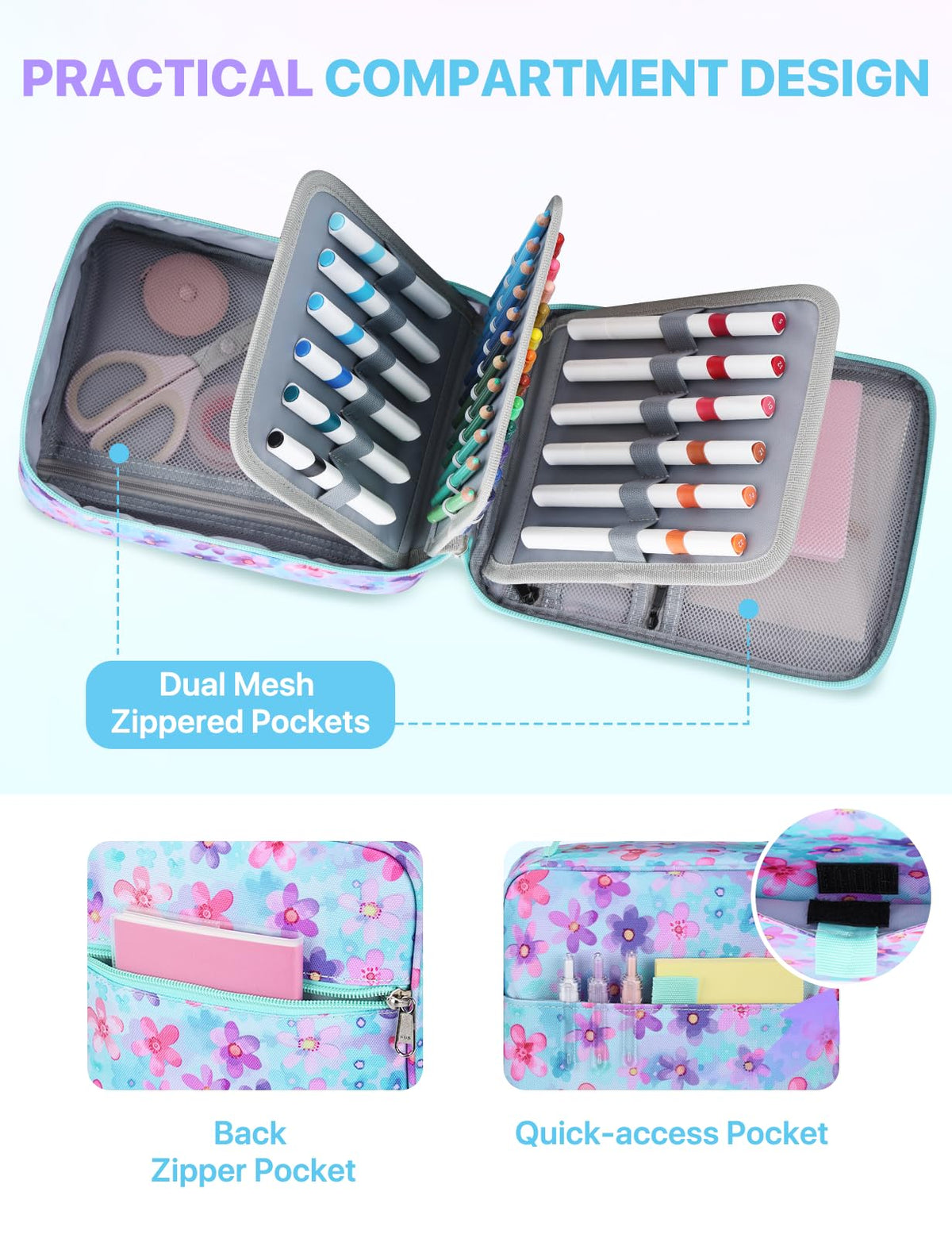 Kasqo Large Pencil Case, 54-Slot Pen Marker Organizer with 5 Layers, Floral