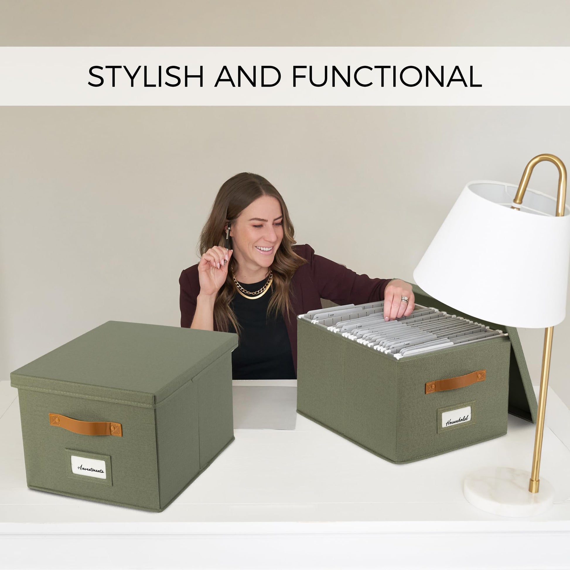 Decorative File Organizer Box Set of 2 - Collapsible Linen Filing Cabinets