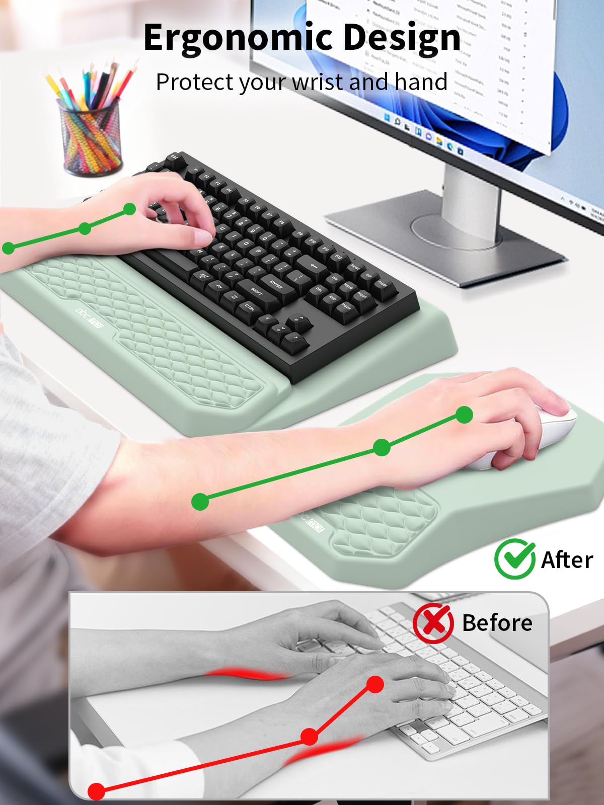 3-in-1 Ergonomic Keyboard Stand with Wrist Rest & Mouse Pad Set,Light Green