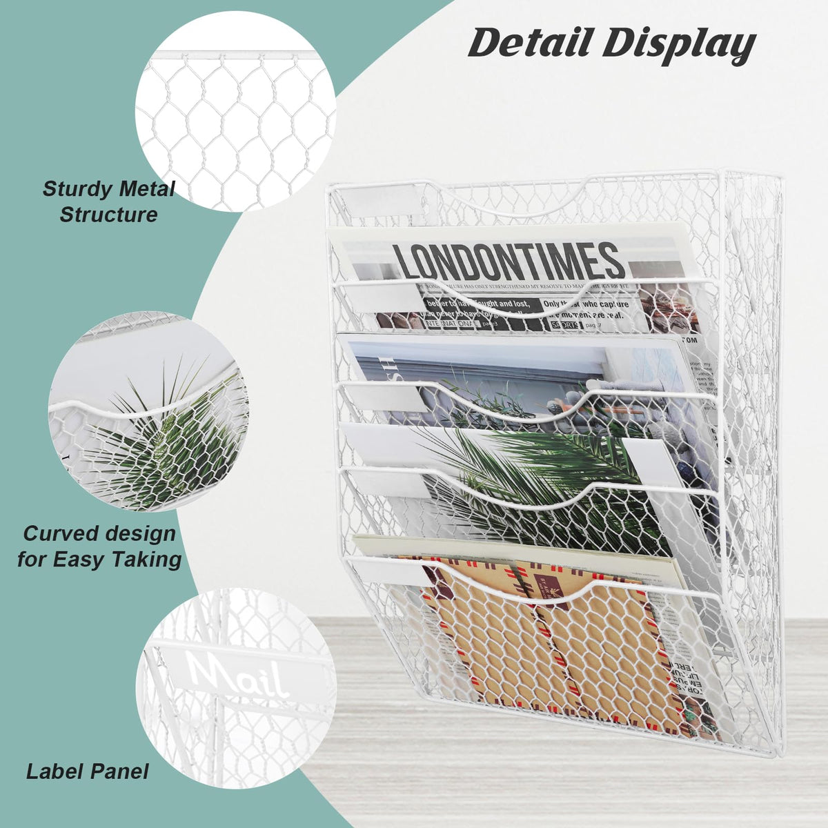EASEPRES Mail Organizer Wall Mount Hanging File Holder Storage, Metal Chicken Wire Magazine Rack 5