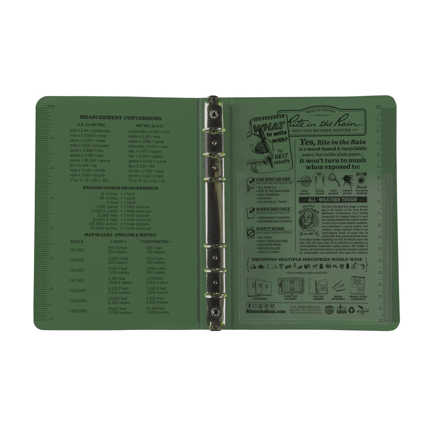 Rite In The Rain Weatherproof 1/2" Ring Binder, 5.625" x 7.875", Green Binder (No. 9200)