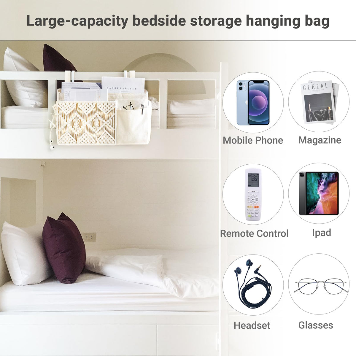 Mkono Bedside Caddy, Macrame Hanging Organizer, 4 Pockets Ivory Metal Hooks