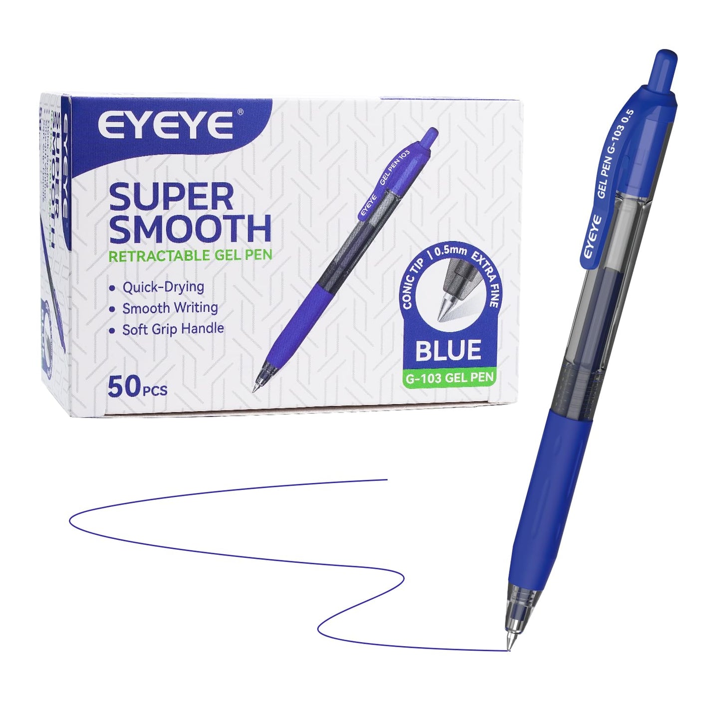 EYEYE G-103 Retractable Gel Pen 0.5mm, 50 Pack Extra Fine Point Blue Ink Pens Quick Drying