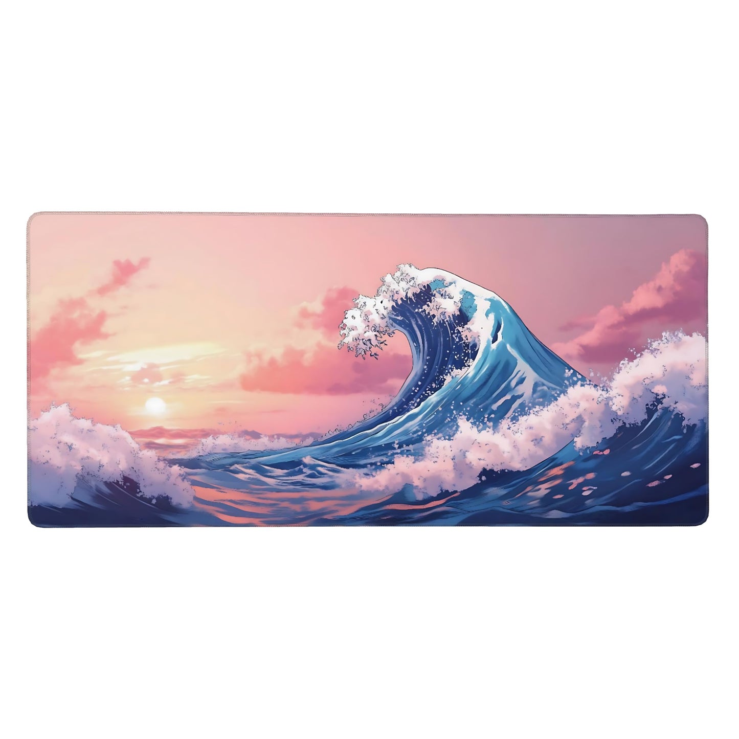 Cute Aesthetic Kanagawa Great Wave Gaming Mouse Pad, Blue Pink Japanese Desk Mat with Anti-Slip