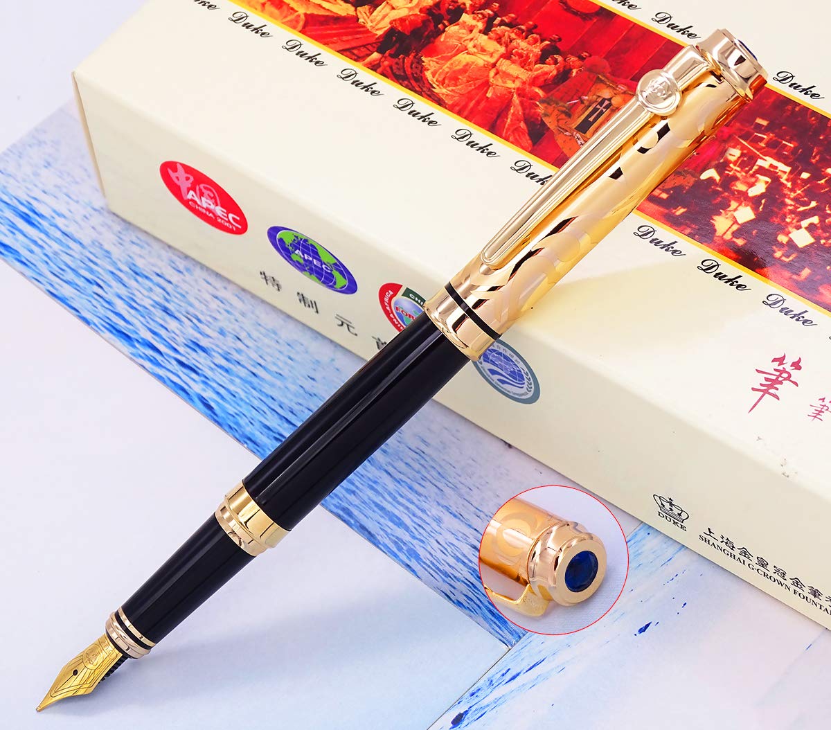 erofa Duke Sapphire Fountain Pen Gold Cap with Original Gift Box Writing Set, Iridium Medium Nib