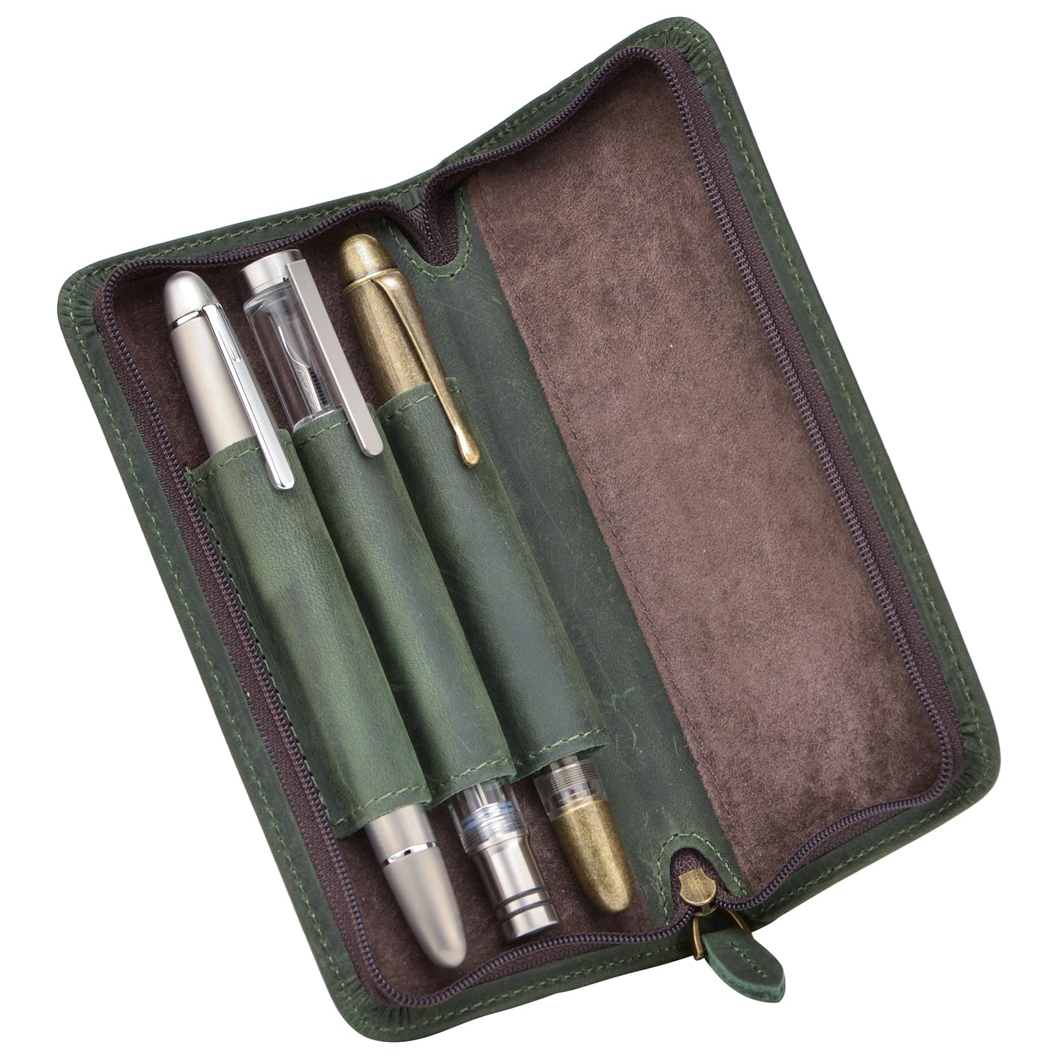 Fountain Pen Case 3 Divided Slots Crazy Horse Leather Pen Holder, Handmade Display Zippered Pouch