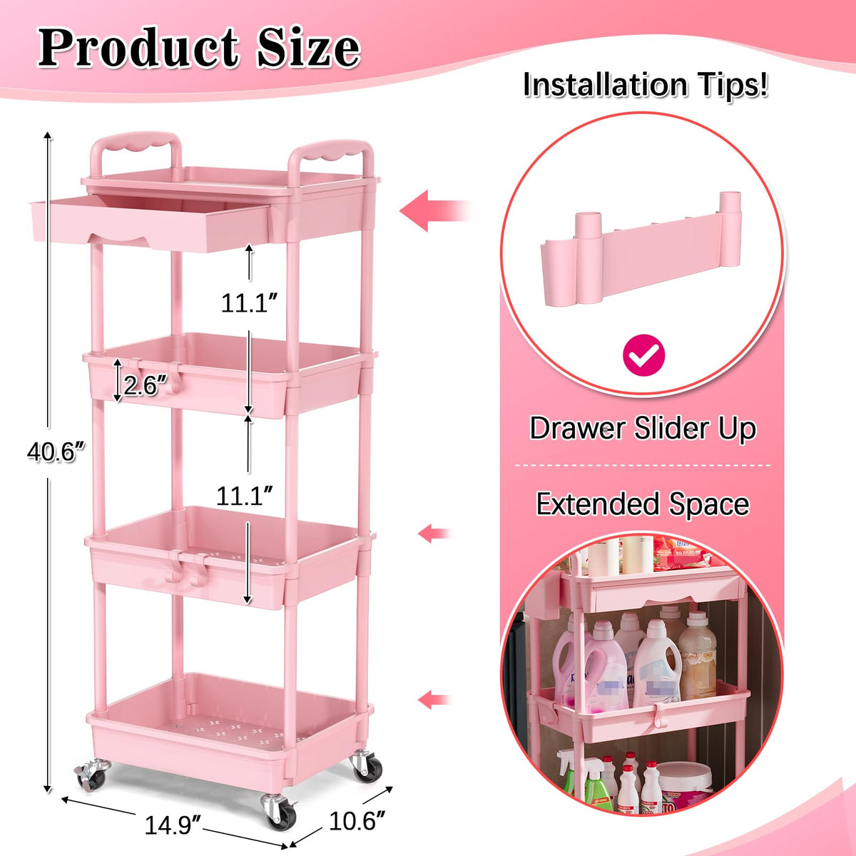 SUNALLY 4 Tier Rolling Cart with Drawer, Craft Storage Cart Organizer, Pink