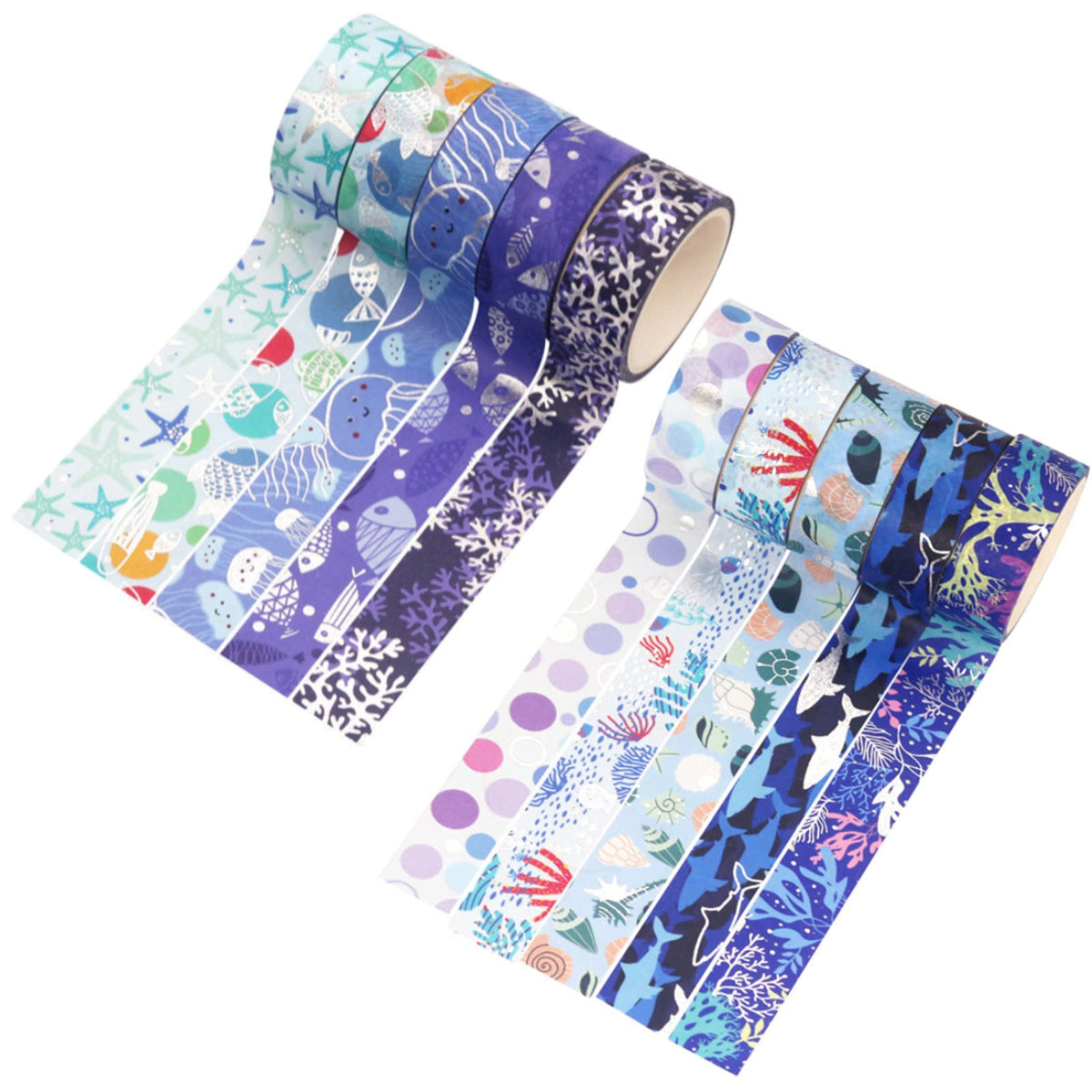 Esweny Blue Ocean Washi Tape Set 10 Rolls Bronzing Sea Decorative Masking Tapes for Scrapbooking