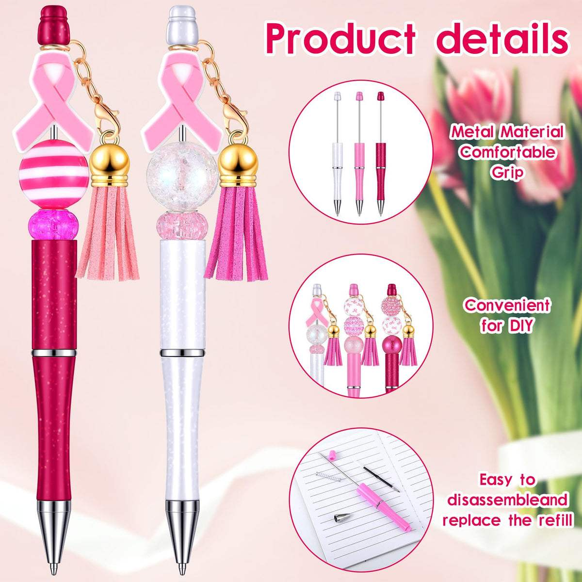 Tinlade 12 Beadable Pens Bulk with 50 Beads Multicolor DIY, Pretty Style