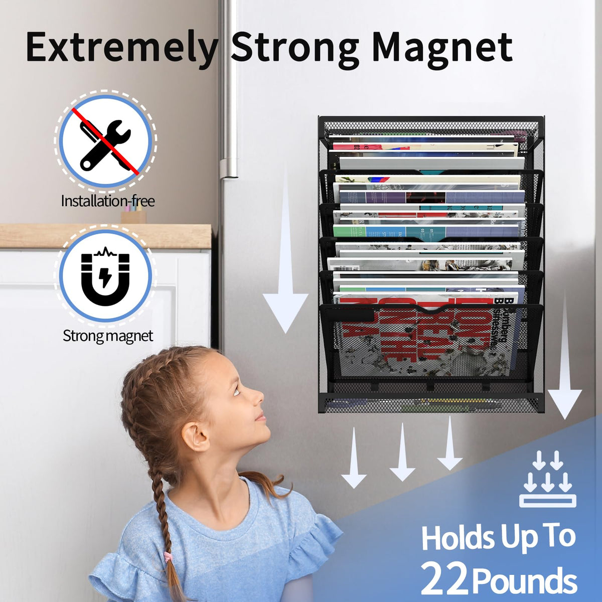 LQPAFZ 7-Tier Magnetic File Holder, No Drilling Wall File Organizer, Hanging File Organizer