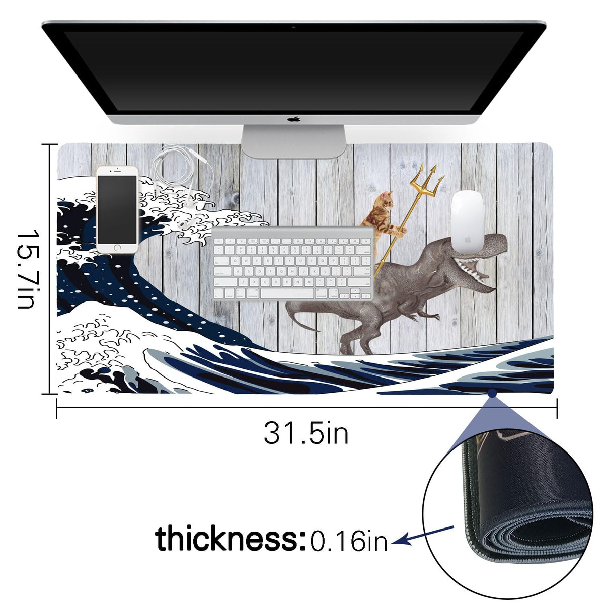 Funny Cat Dinosaur XXL Mouse Pad, Super Thick Waterproof Desk Mat