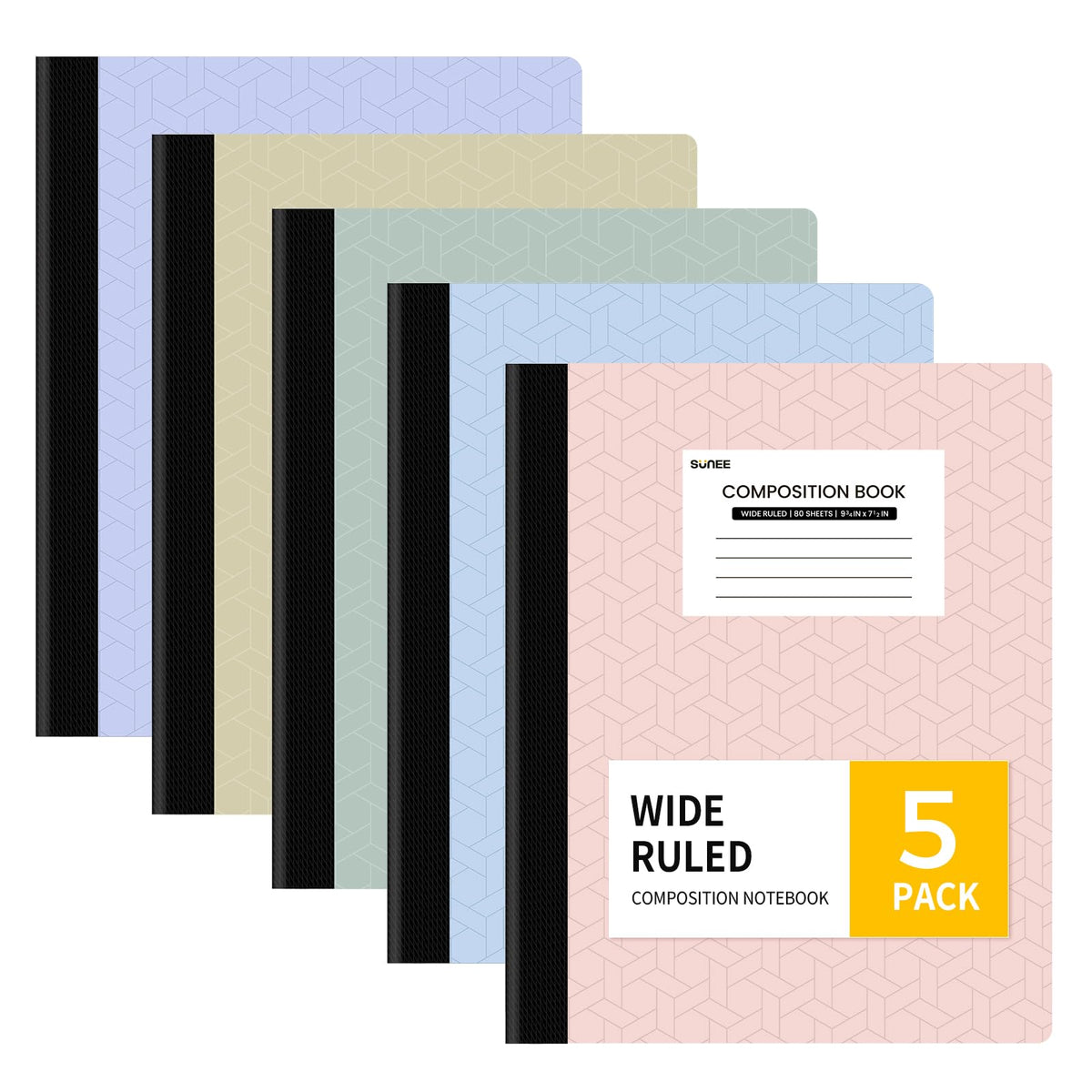 SUNEE Composition Notebook, Wide Ruled Paper, 5 Pack, 9-3/4" x 7-1/2", 80 Sheets/160 Pages, Back to