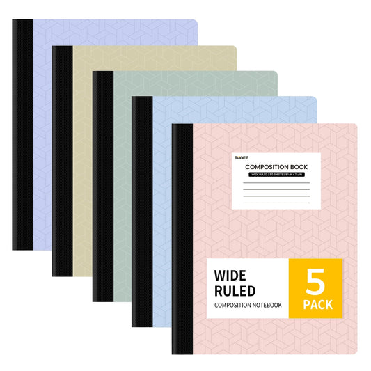 SUNEE Composition Notebook, Wide Ruled Paper, 5 Pack, 9-3/4" x 7-1/2", 80 Sheets/160 Pages, Back to