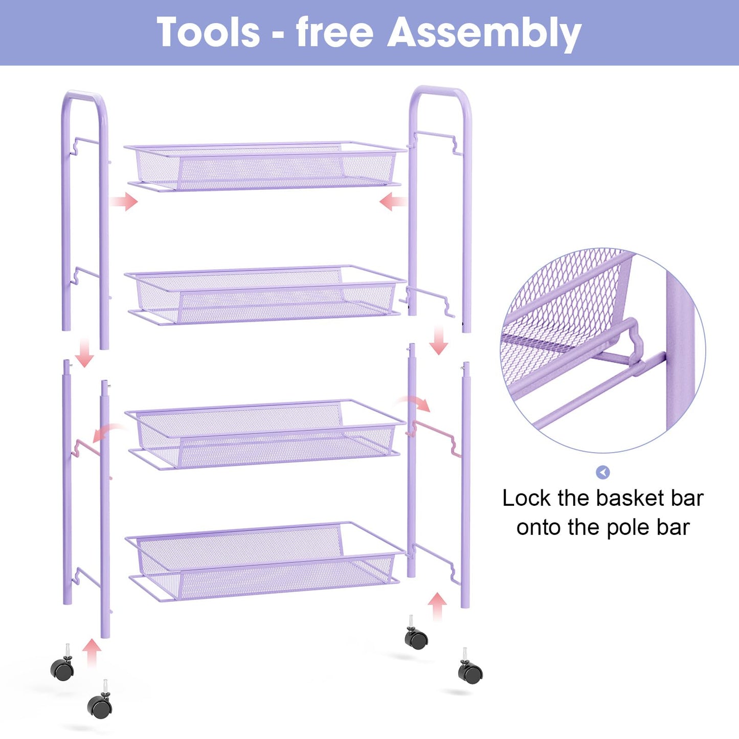 TOOLF 4 Tier Rolling Cart, Metal Utility Storage Cart with Wheels, Purple