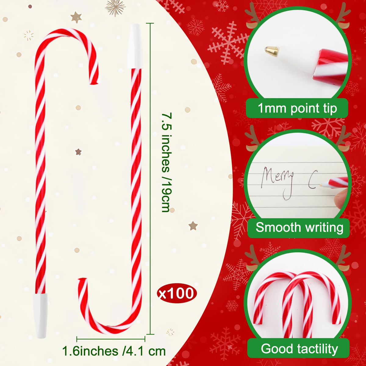Zealor 100PCS Christmas Candy Cane Pen Christmas Ballpoint Pens with Black Ink Office School