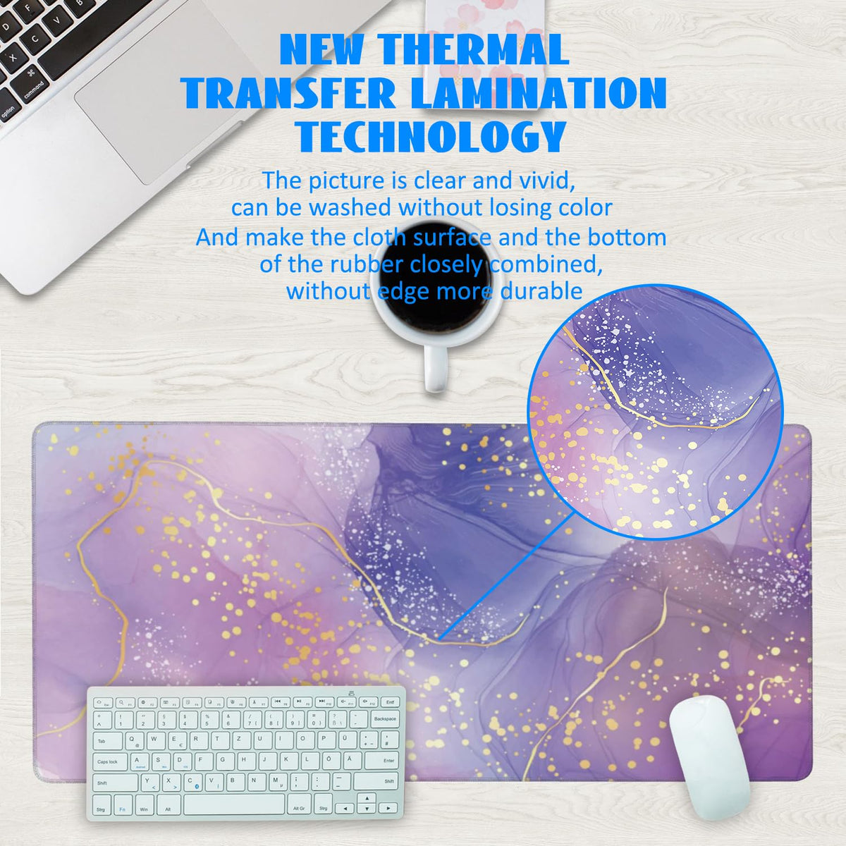 Desk Mat, Purple Rose and Lavender Liquid Marble Extended Gaming Mouse Pad Large, 35.4"x15.7" Big
