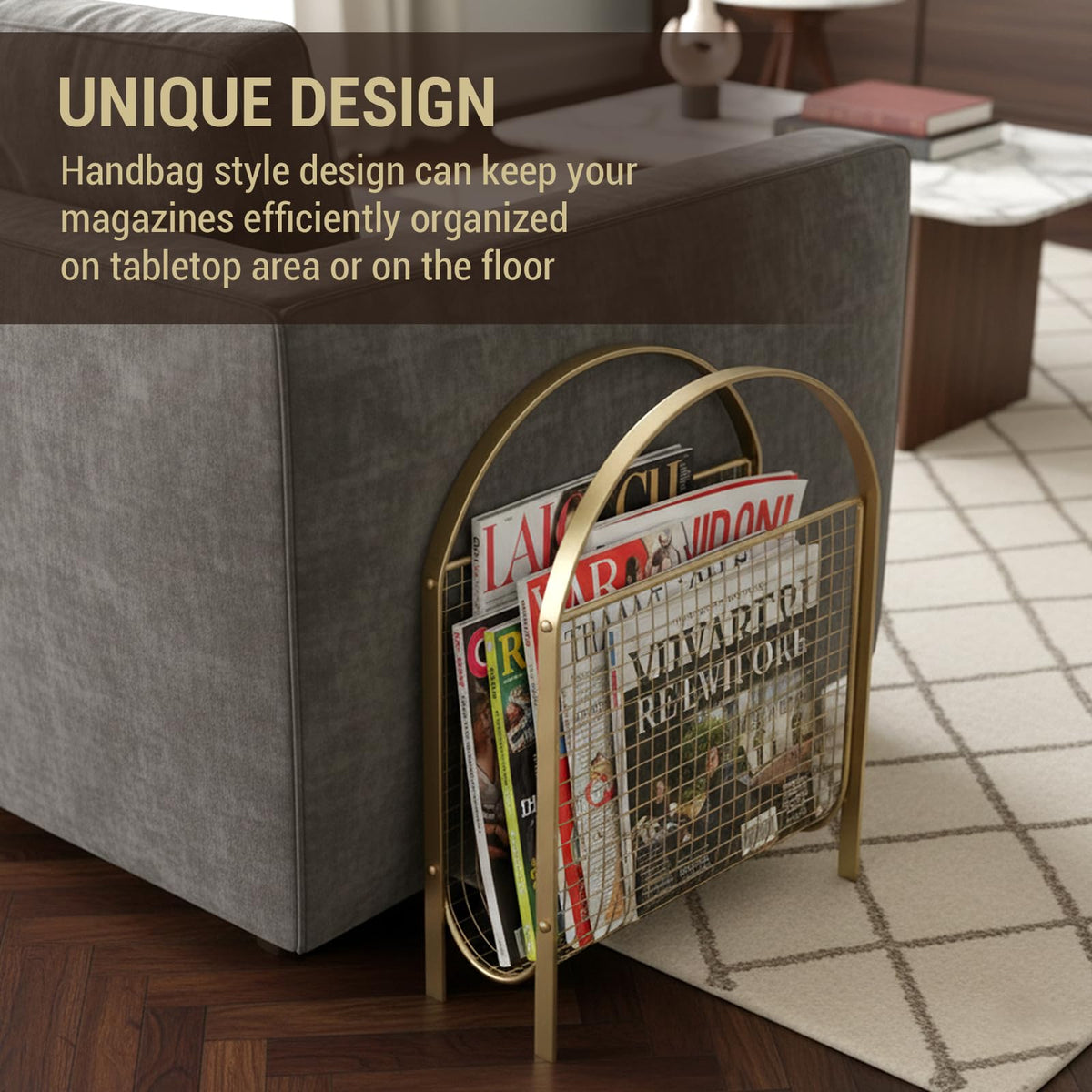 MyGift Mid Century Brass Tone Metal Mesh Magazine Rack Storage Basket