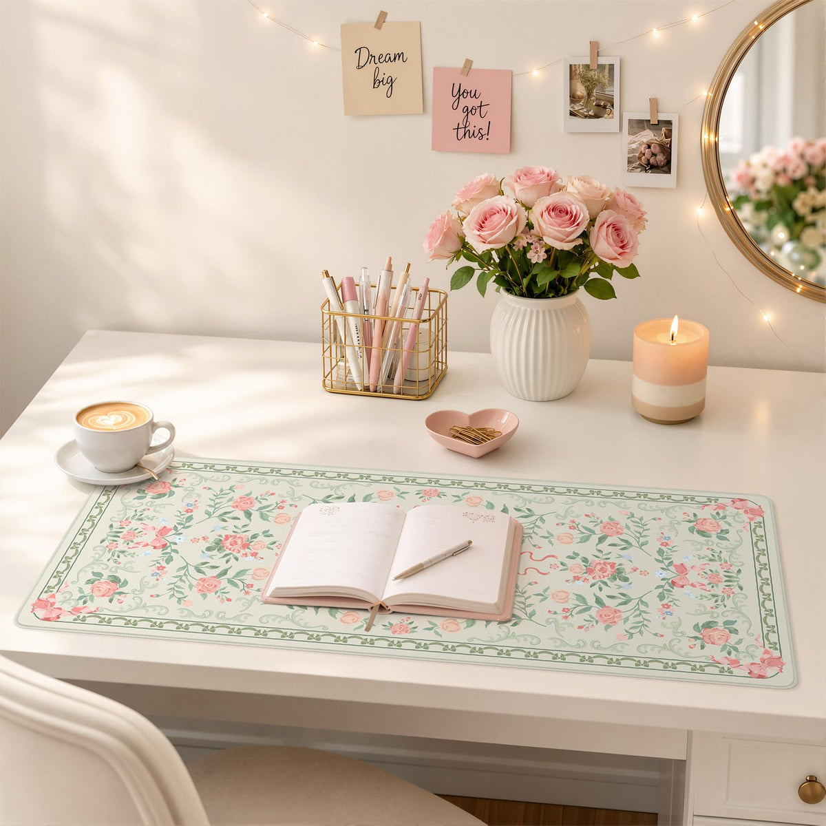 HAOCOO Cute Green Floral Computer Pad, 31.5" x 11.8" Deskmat for Home Decor