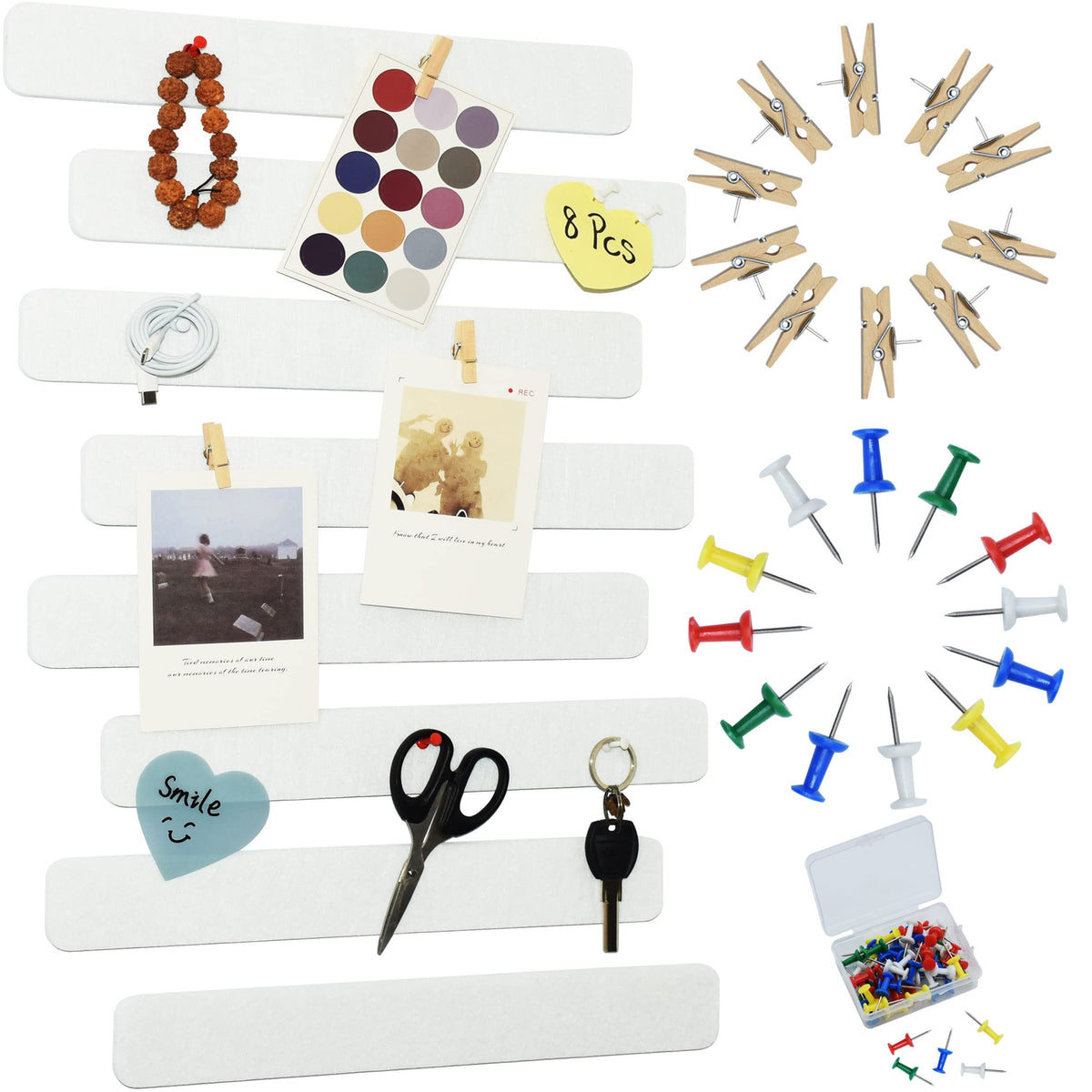 YOUDEFUL 8Pcs Bulletin Board Strips, White Felt Pin Board Bar Strips with 50 Pushpins