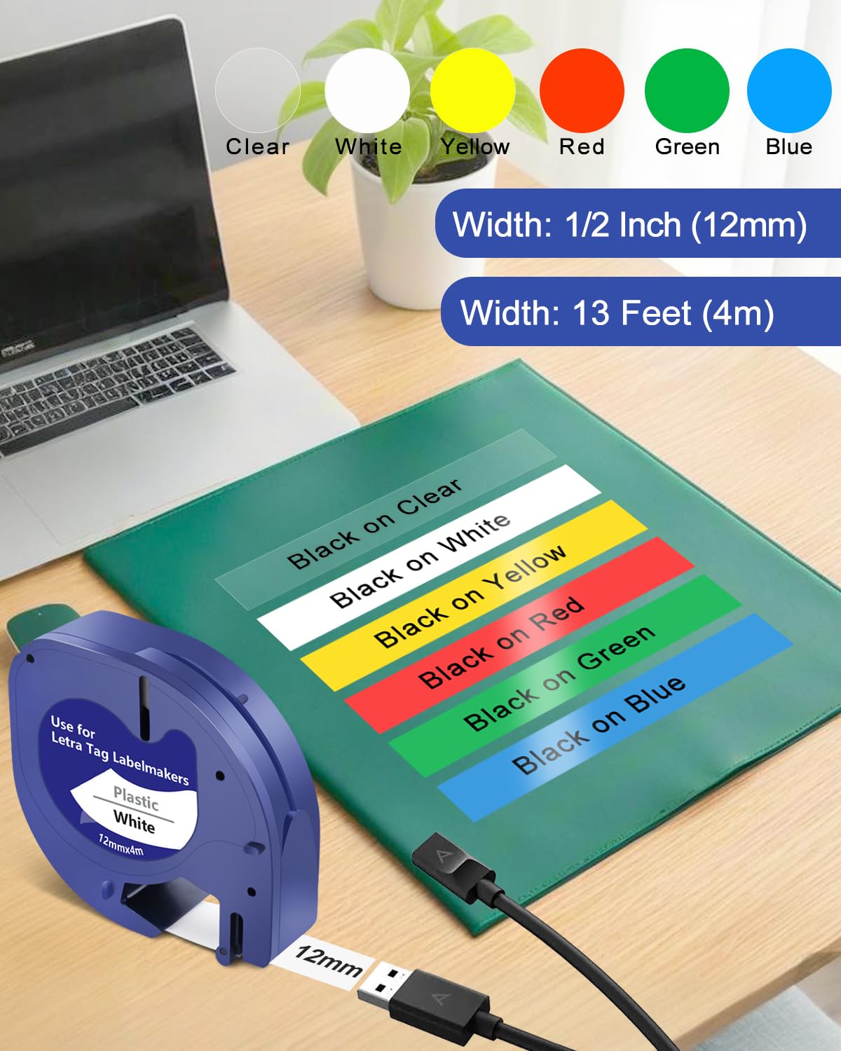 6Pack Compatible with Dymo Letratag Refills Colored Plastic Label Tape