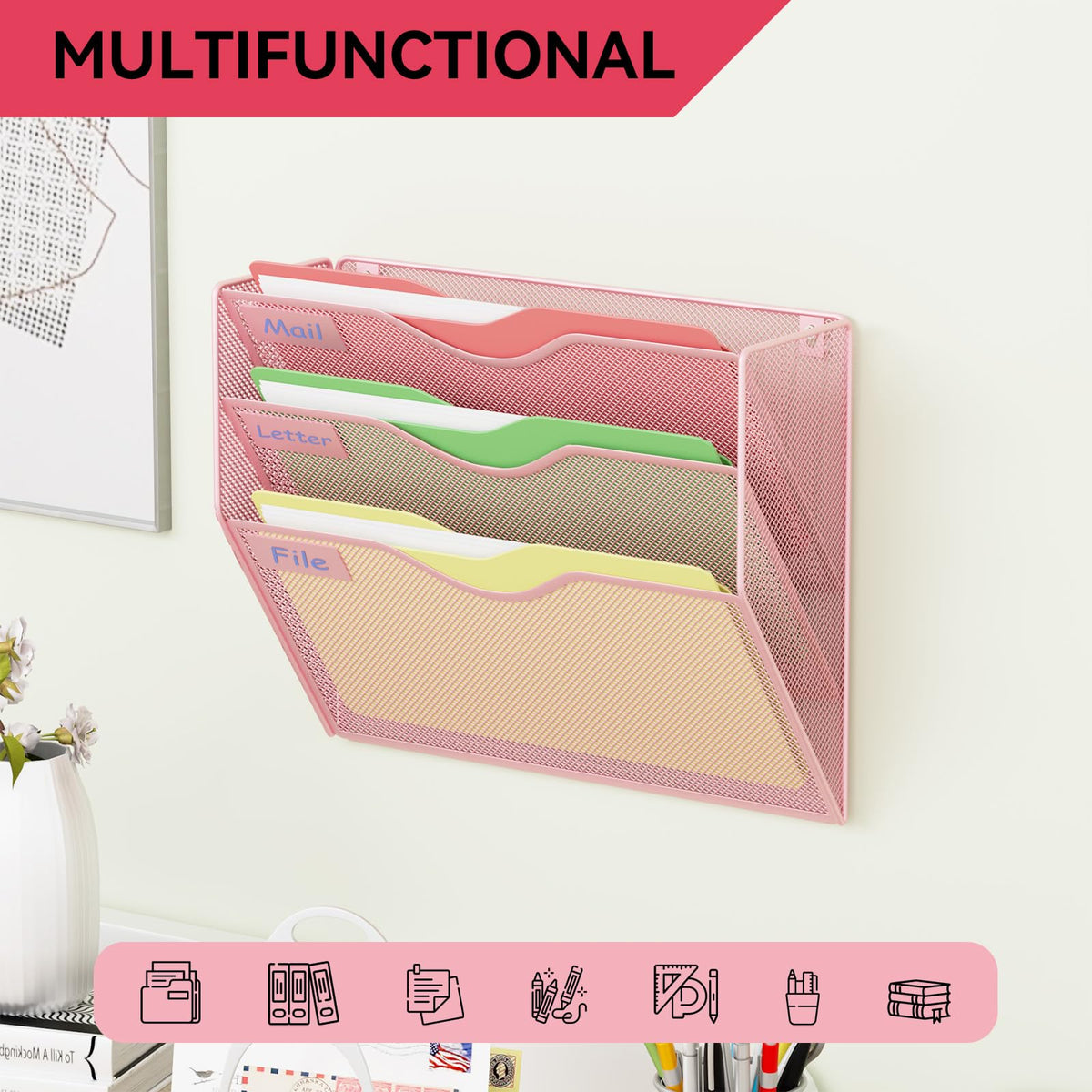 GDINDINFAN 3 Pockets Hanging Wall File Organizer Mail Holder, Wall Mounted Paper Document Folder