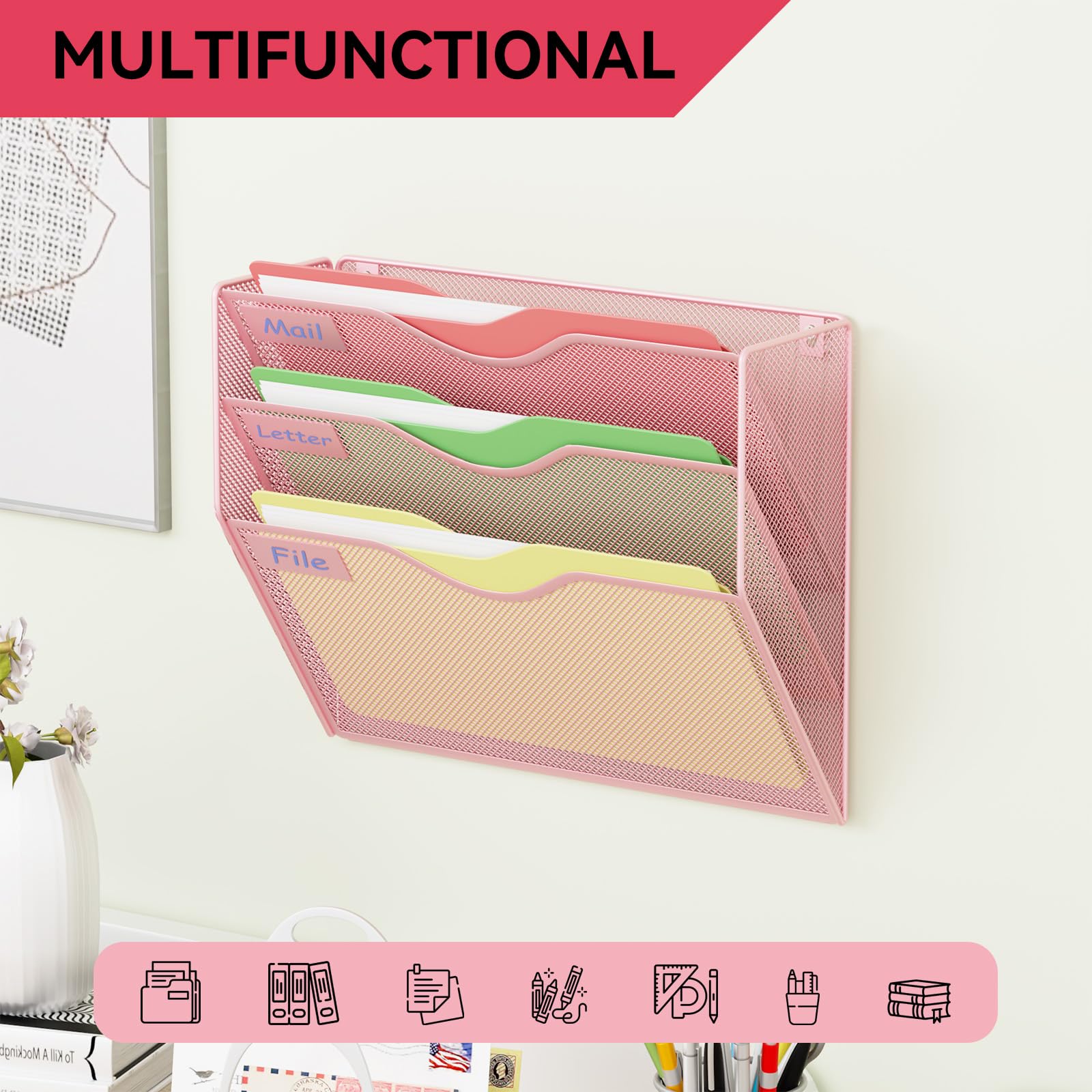GDINDINFAN 3 Pockets Hanging Wall File Organizer Mail Holder, Wall Mounted Paper Document Folder
