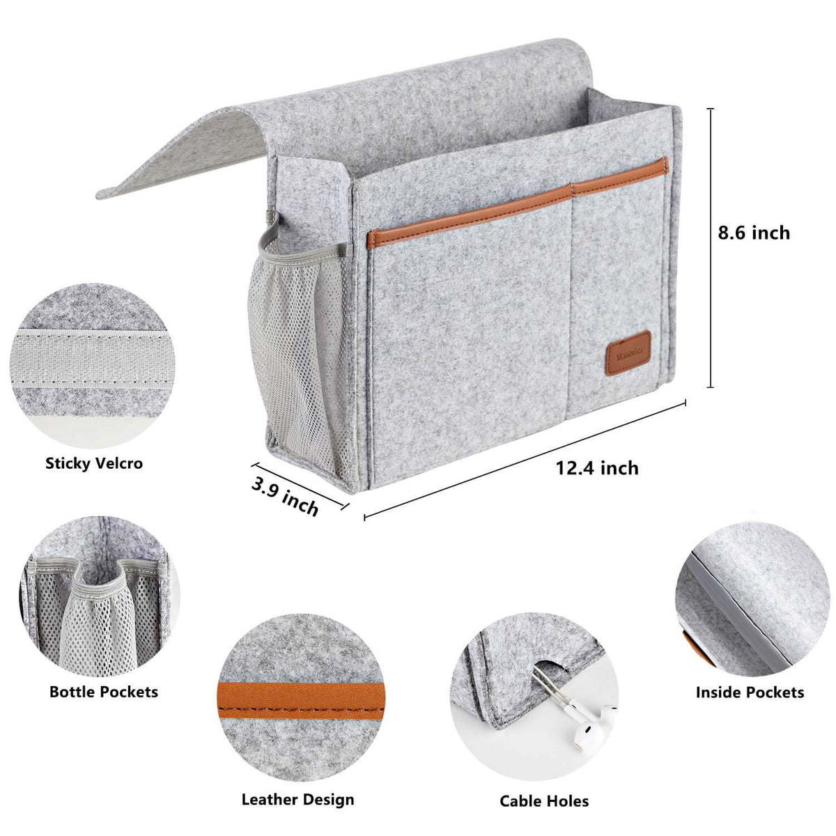 WantuSee Bedside Caddy, Felt Bed Storage Organizer Hanging Bag Holder with 5 Pockets, Magazine Book