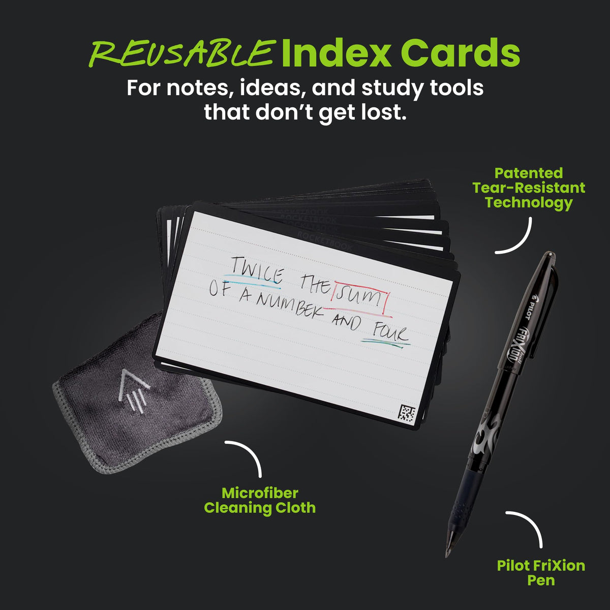 Rocketbook Cloud Cards, 3"x5" Reusable Smart Index Card, Black (Pack of 40)