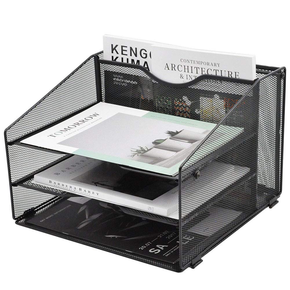 EASEPRES Mesh Desktop File Organizer, Document Mail Desk Folder Holder with 3 Paper Letter Tray and